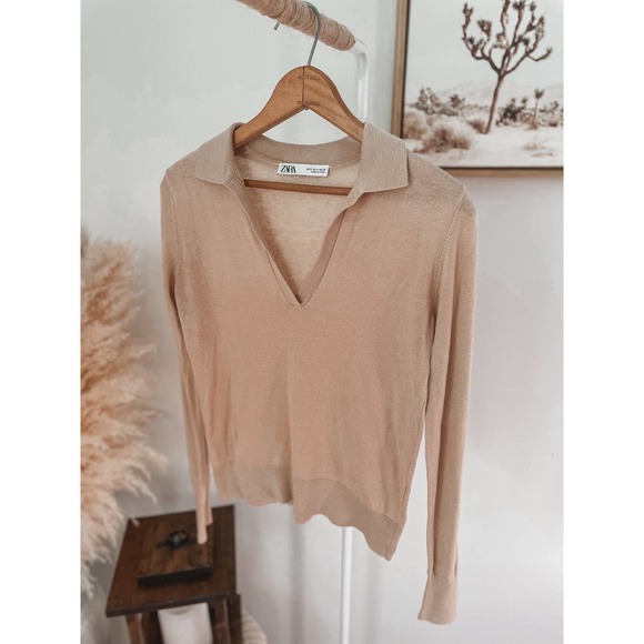 ZARA Sweaters - Zara Camel Collared V Neck Sweater Small Neutral Minimalist Preppy